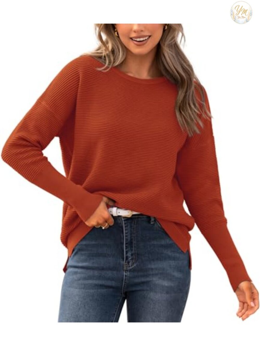 BTFBM Womens Ribbed Knit Batwing Sleeve Sweater Loose Fit Crew Neck Chunky